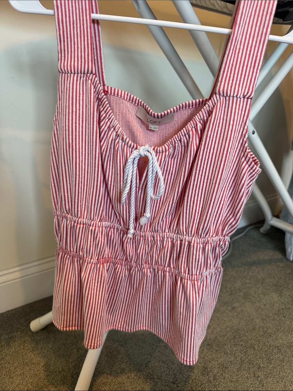 LOFT Red & White Striped Tie-Front Peplum Tank